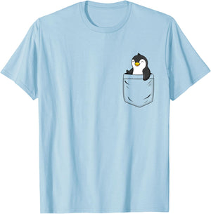 Penguin Lovers Cute Funny Penguin In Pocket , Small, Grey T-Shirt - T-Shirt | Light Blue