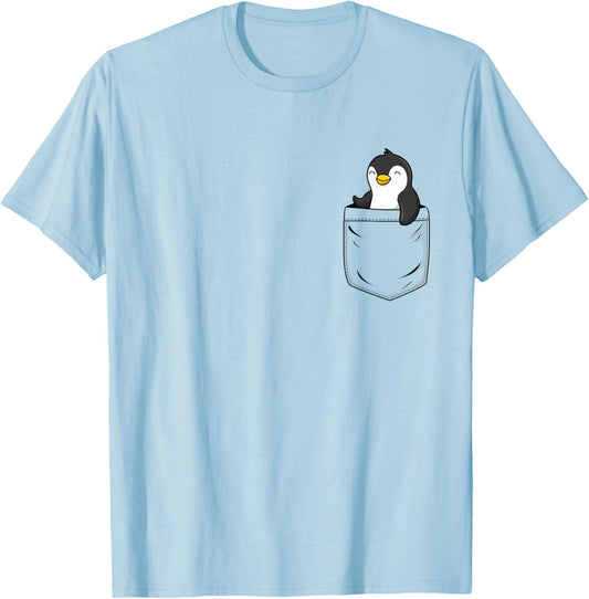 Penguin Lovers Cute Funny Penguin In Pocket , Small, Grey T-Shirt - T-Shirt | Light Blue