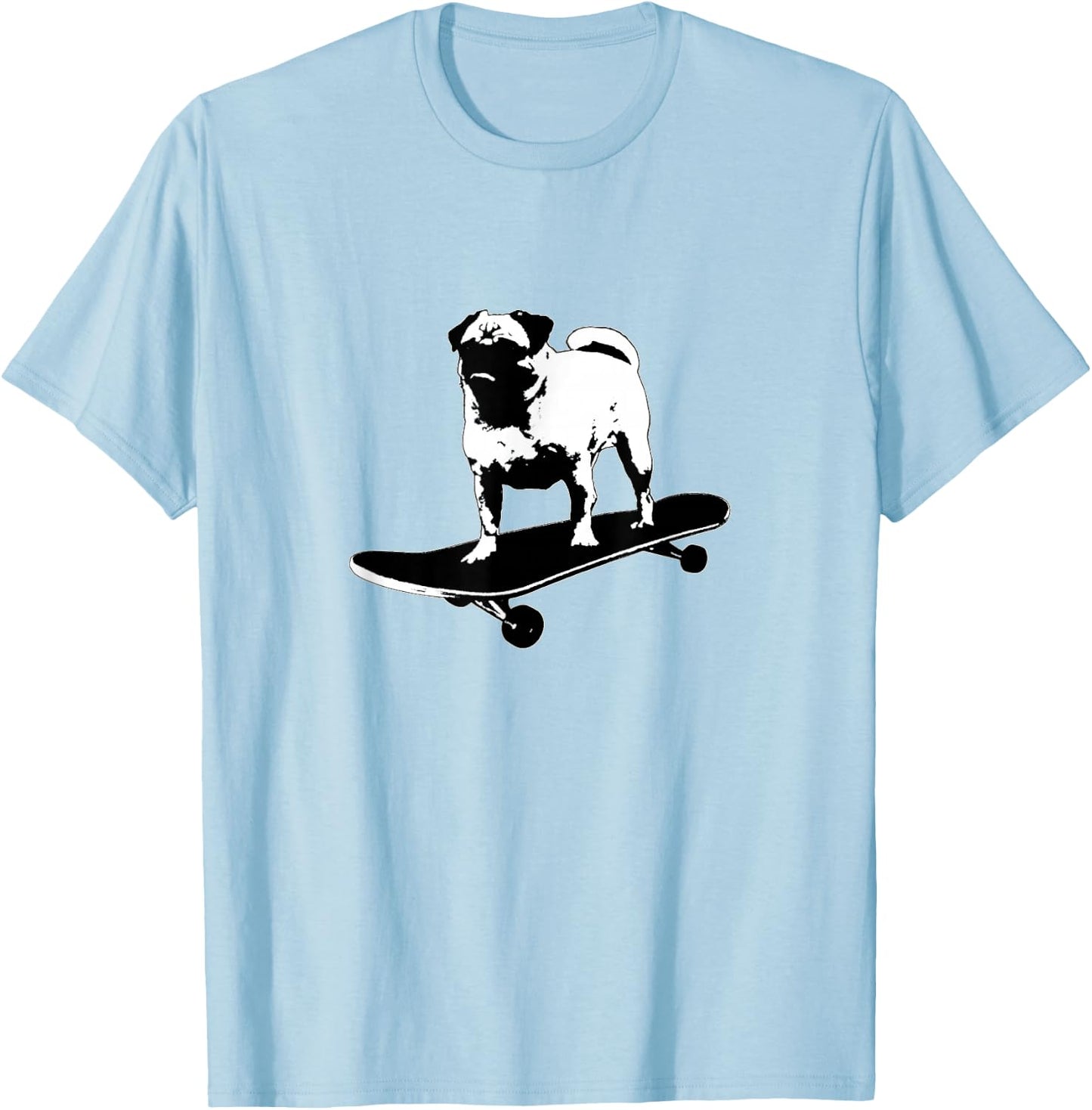 Pug on a Skateboard Black & White Lithograph Style Funny Dog Men Women Girls Kids T-Shirt - T-Shirt | Light Blue