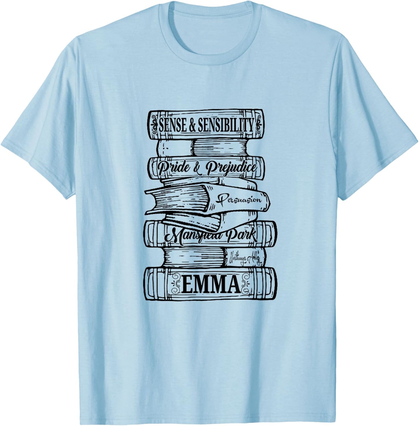 Jane Austen Pride and Prejudice & Mr. Darcy Book Stack Fans T-Shirt - T-Shirt | Light Blue