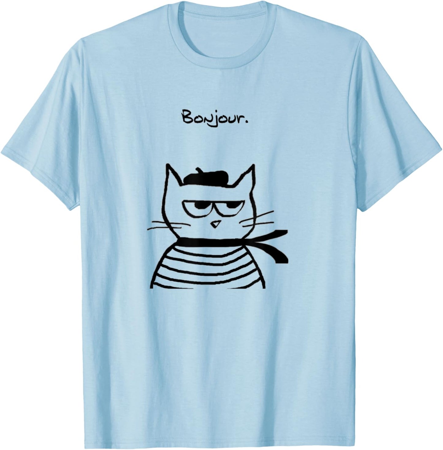 Bonjour French Cat Funny T-Shirt - T-Shirt | Light Blue