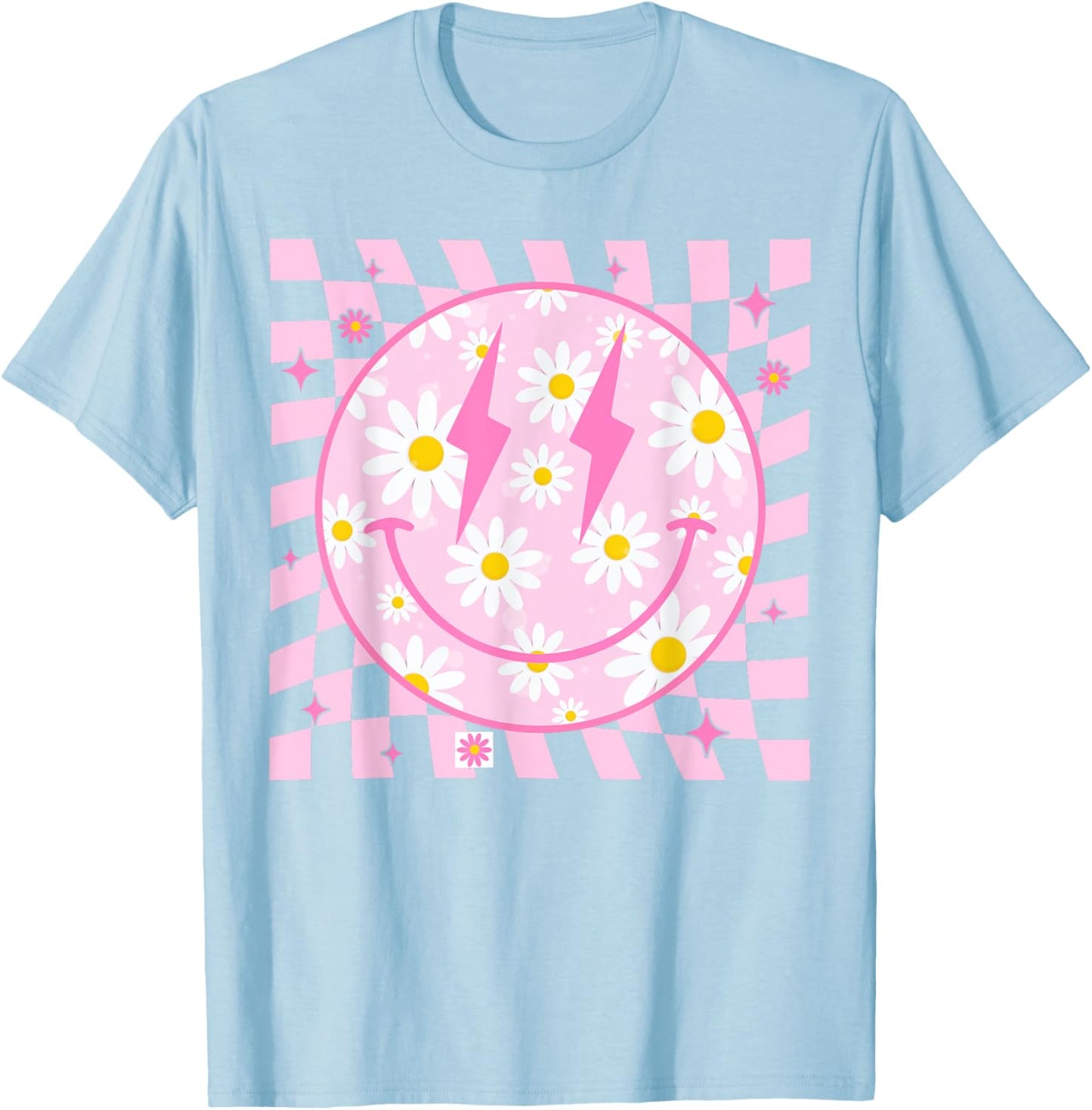 Retro Happy Smile Face Checkered Pattern Pink Daisy Flower T-Shirt - T-Shirt | Light Blue