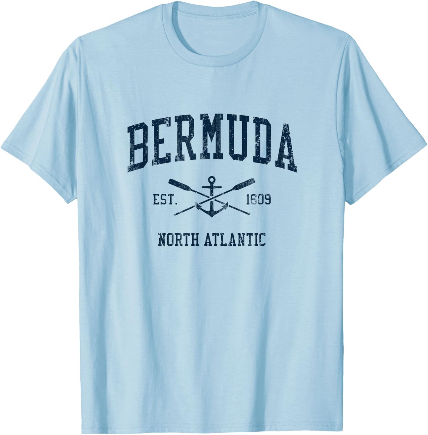 Bermuda Vintage Navy Crossed Oars & Boat Anchor T-Shirt - T-Shirt | Light Blue