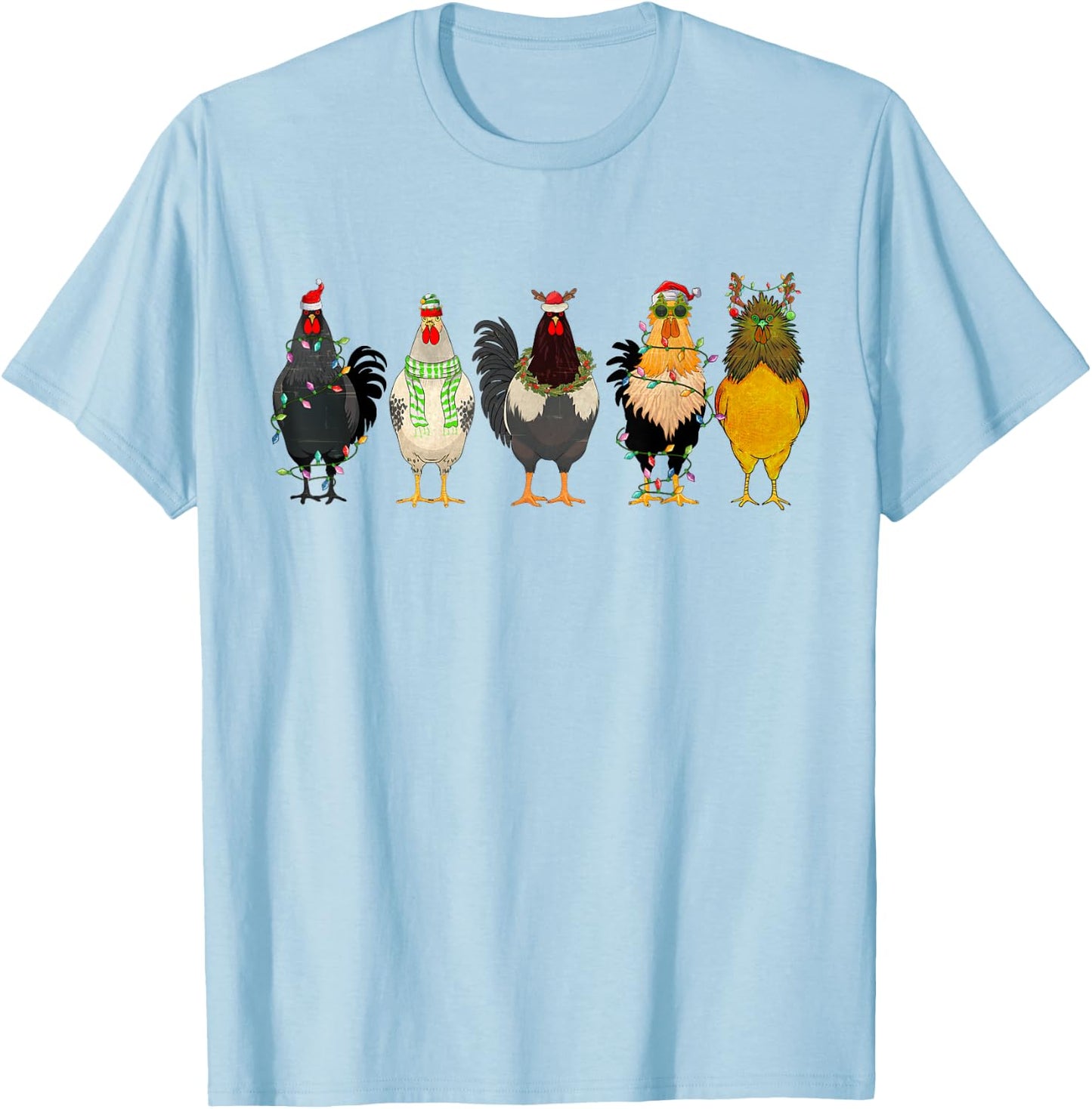 Christmas Chickens Funny Chicks XMAS Lights Cat Santa Hat T-Shirt - T-Shirt | Light Blue