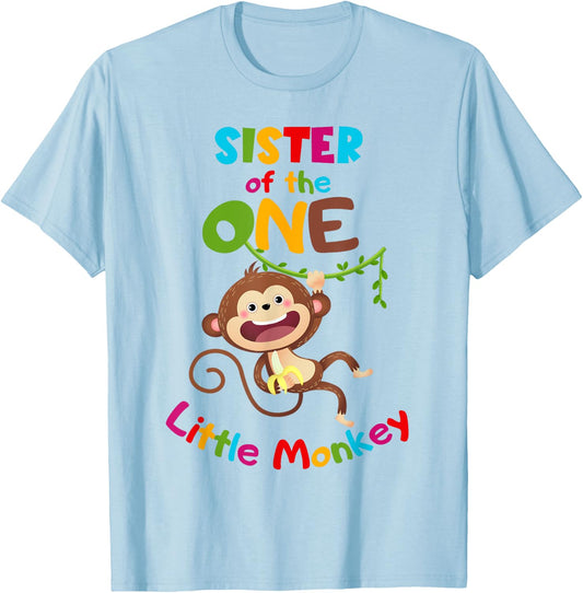 Sister ONE Little Monkey Jungle Theme 1st Birthday T-Shirt - T-Shirt | Light Blue