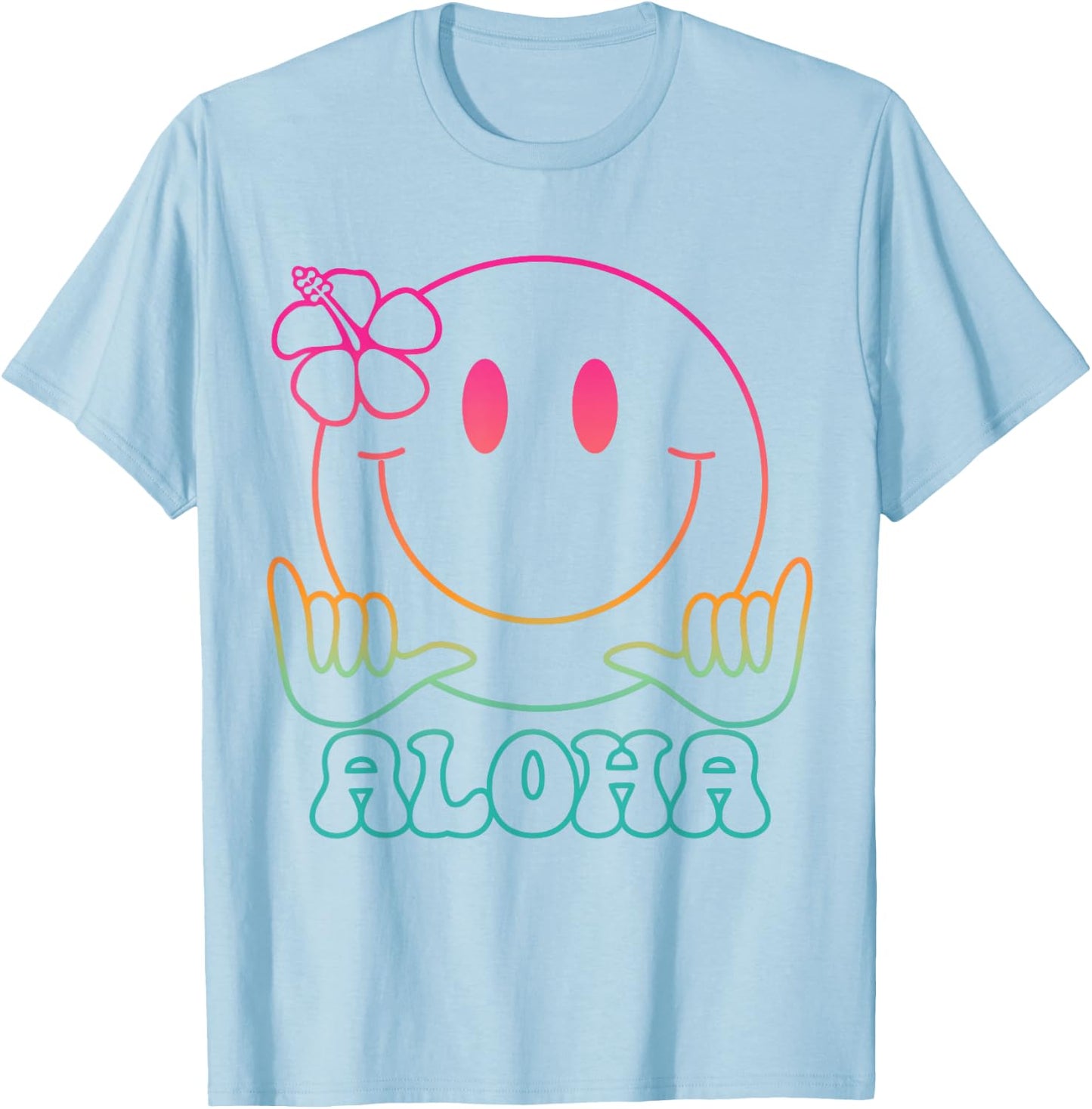 Aloha Hawaiian Cute Smile Face Shaka Hibiscus Kids Girls T-Shirt - T-Shirt | Light Blue