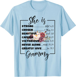 Flower She Is Grammy Christian Mothers Day Religious Women T-Shirt - T-Shirt | Light Blue