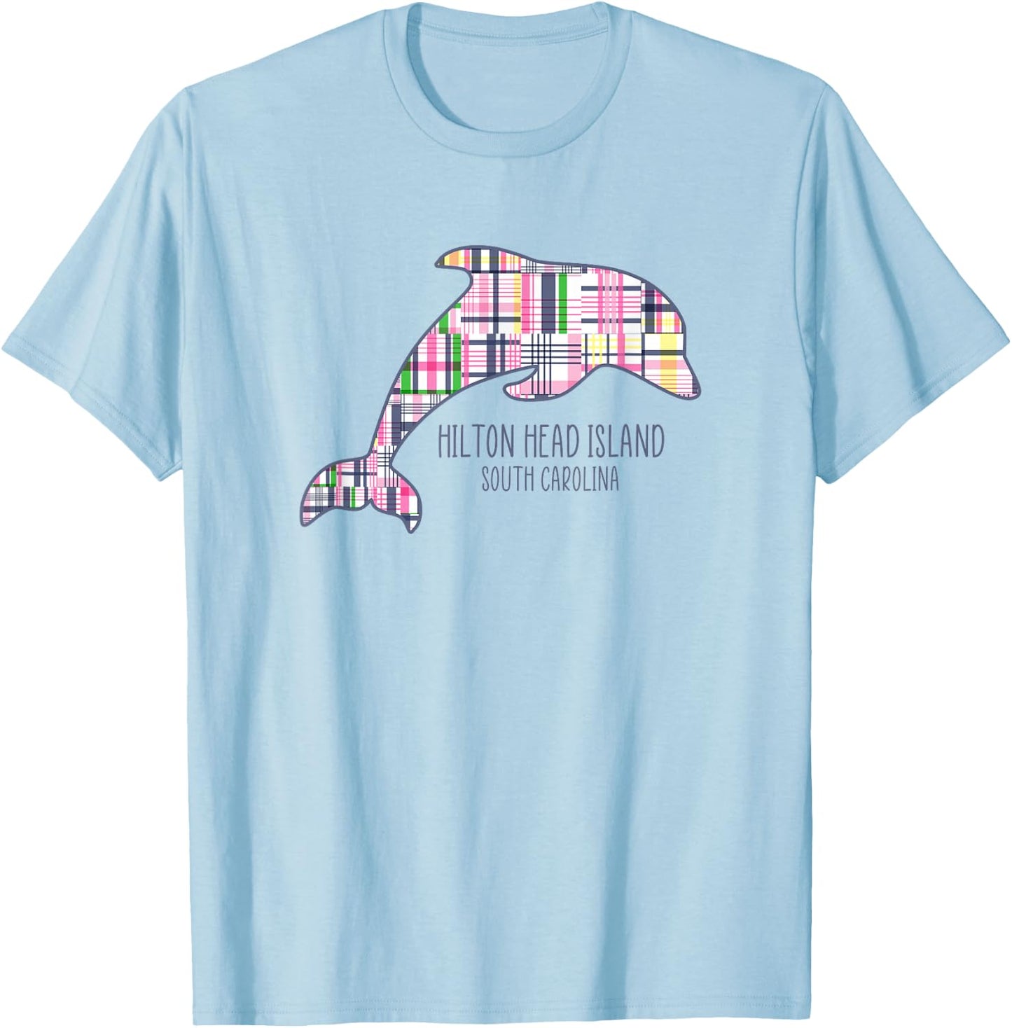 Kids Hilton Head Island South Carolina Preppy Plaid Dolphin T-Shirt - T-Shirt | Light Blue