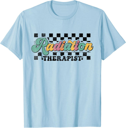 Retro Checkered Radiation Therapist Squad Oncology Nurse T-Shirt - T-Shirt | Light Blue