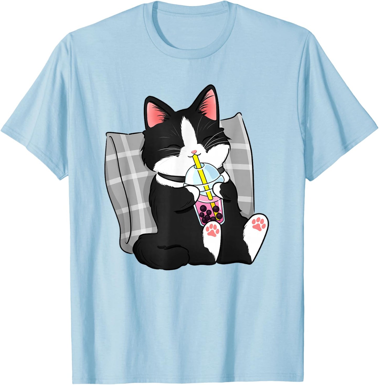 Tuxedo Cat Illustration Drinking Boba Milk Tea Design T-Shirt - T-Shirt | Light Blue