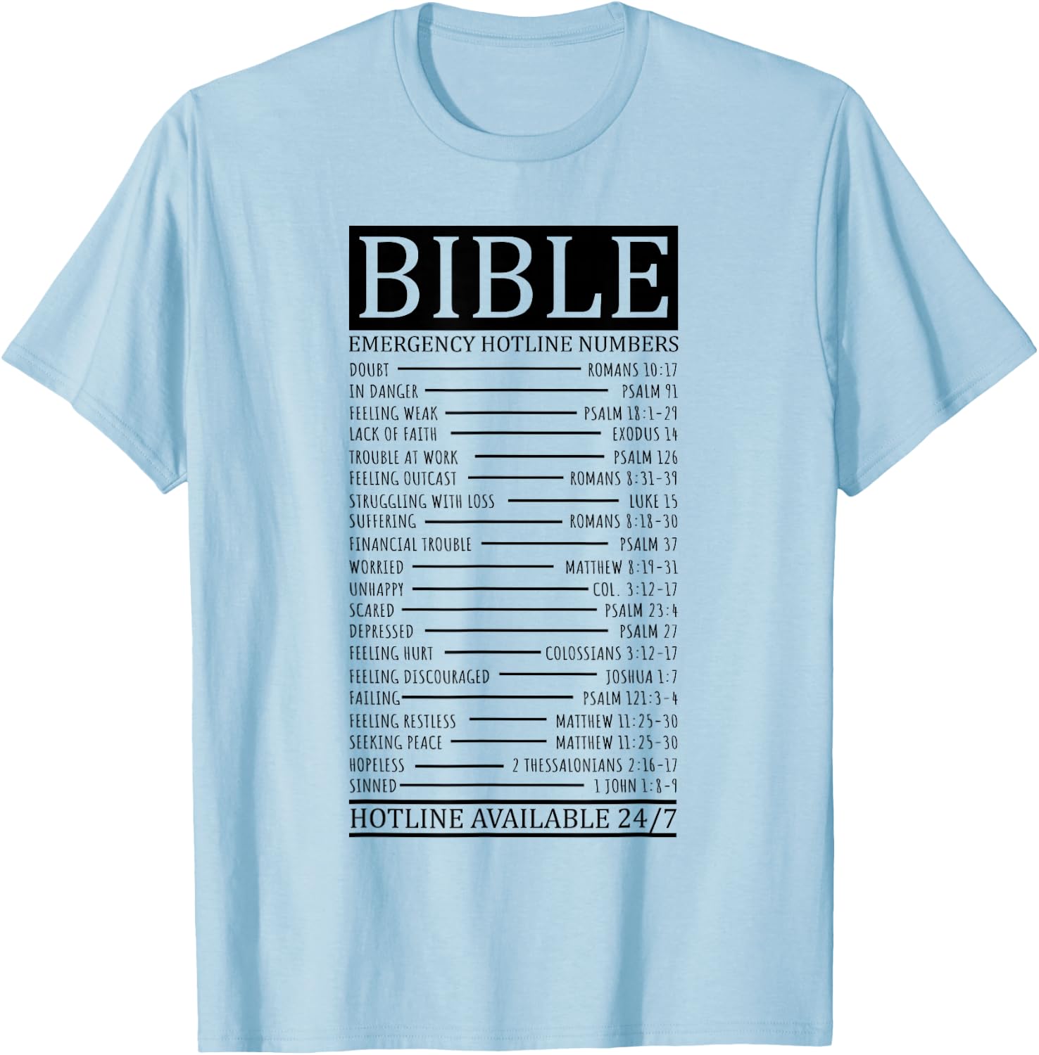 Bible Emergency Hotline Numbers | Christian T-Shirt - T-Shirt | Light Blue