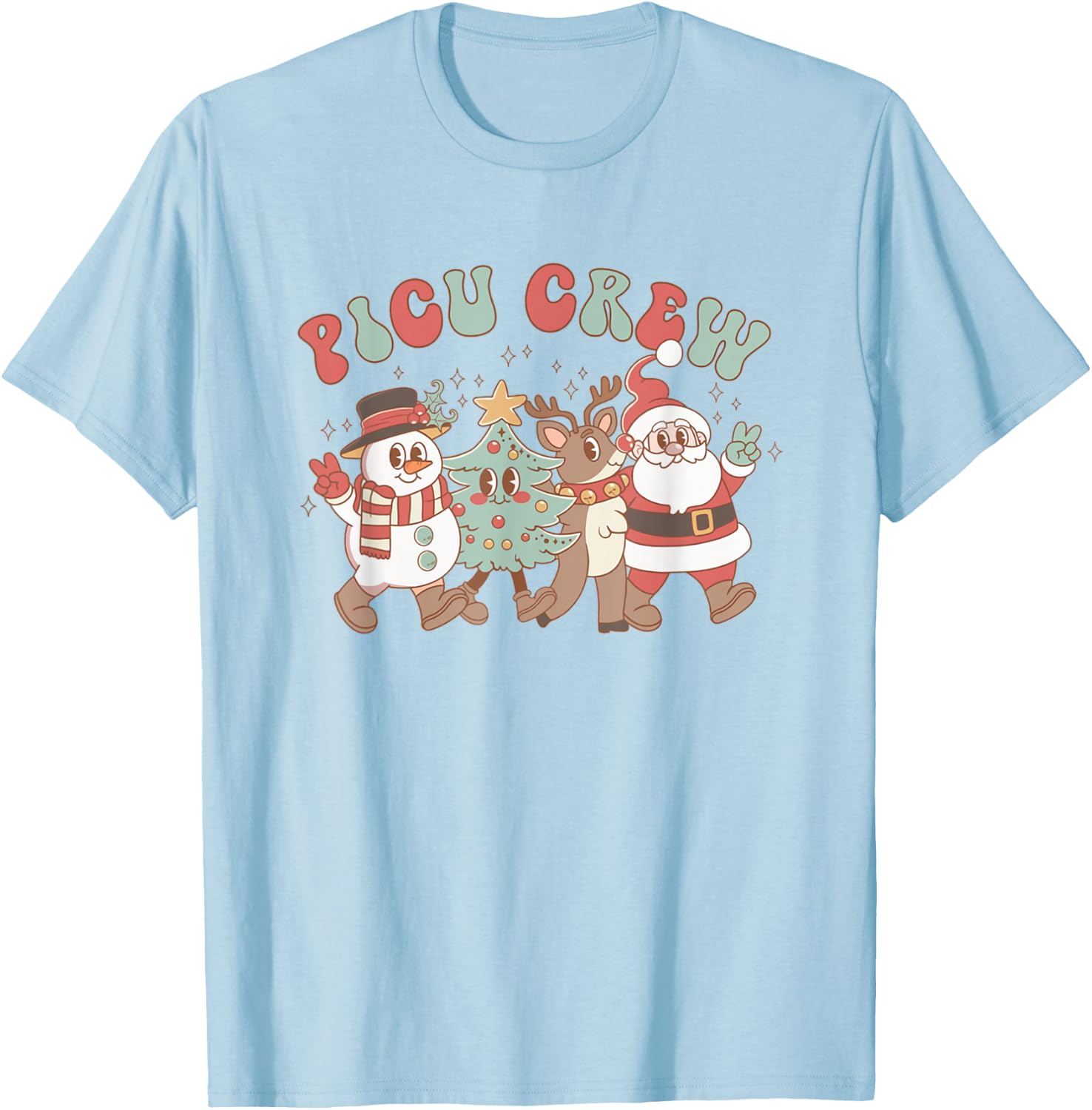 Retro Groovy PICU Nurse Christmas Tree Snowman Reindeer T-Shirt - T-Shirt | Light Blue
