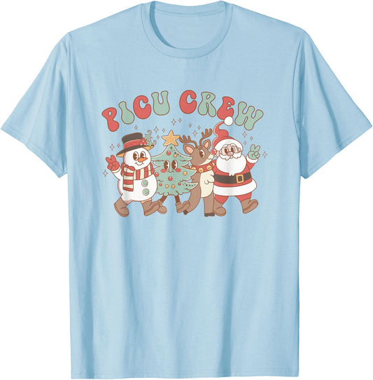 Retro Groovy PICU Nurse Christmas Tree Snowman Reindeer T-Shirt - T-Shirt | Light Blue