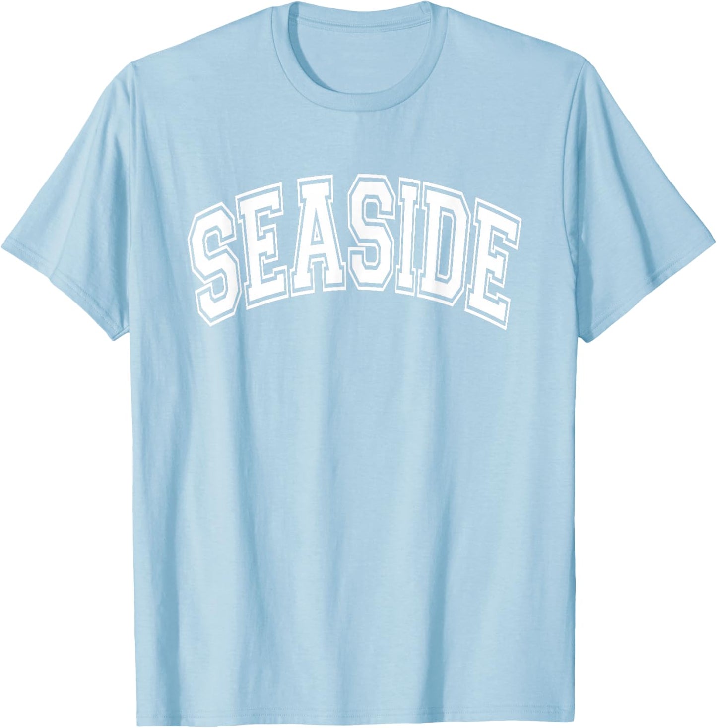 Seaside Arched Style Text Pink with White Print T-Shirt - T-Shirt | Light Blue