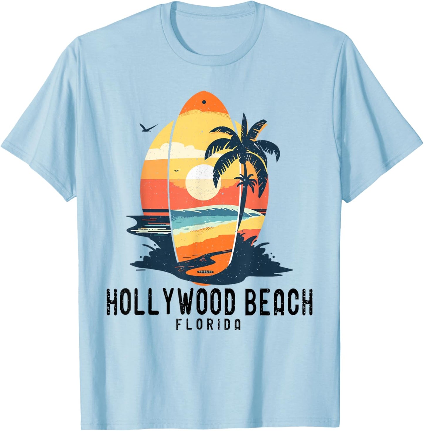 Retro Hollywood Beach Florida Surfboard Waves Beach T-Shirt - T-Shirt | Light Blue