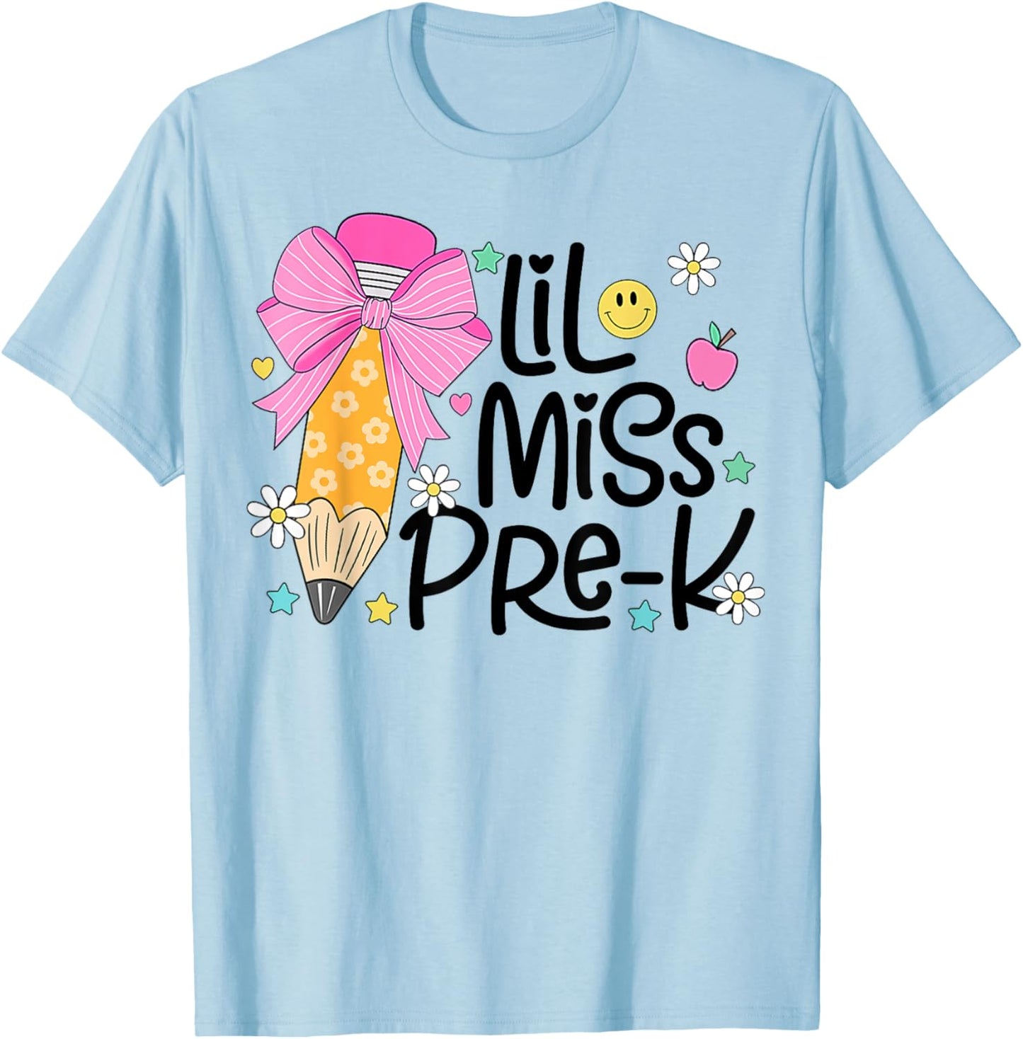 Little Miss Pre-K Kids Girls Pencil Bow First Day Of School T-Shirt - T-Shirt | Light Blue