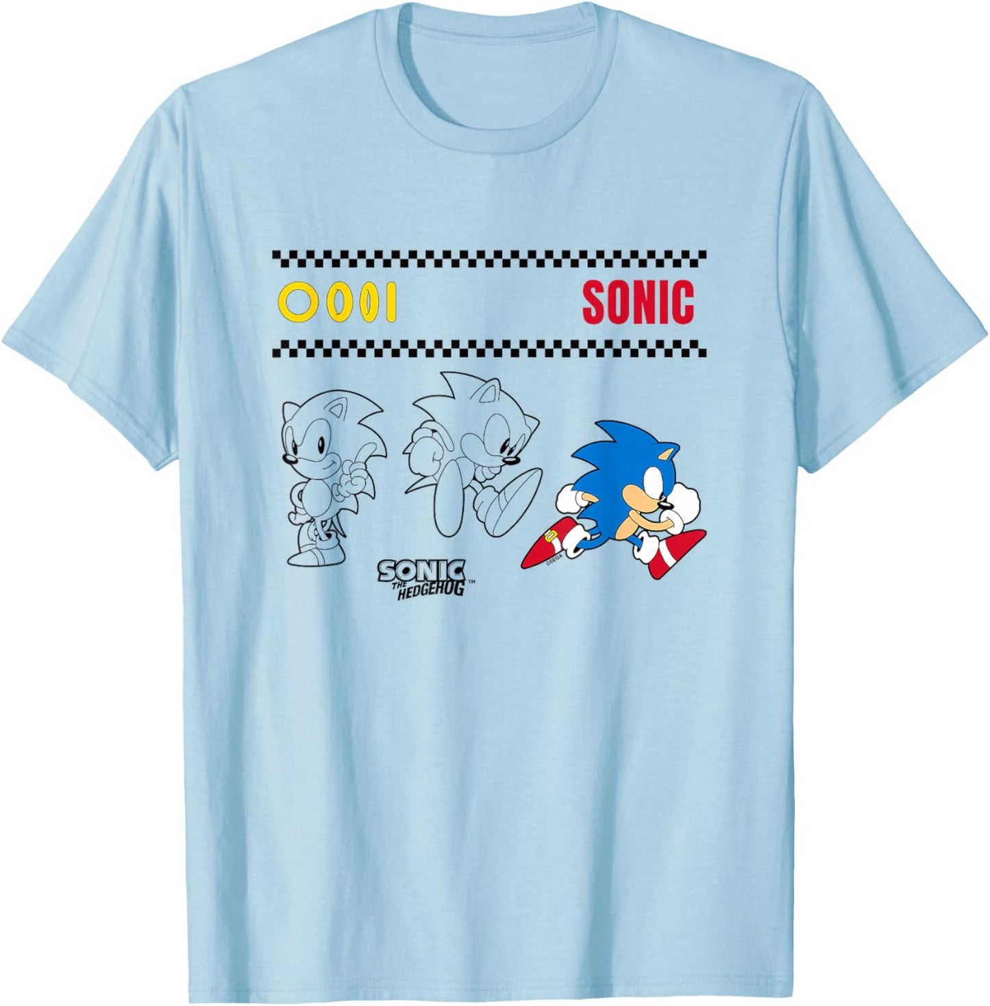 Sonic The Hedgehog Many Poses Cute Sketches T-Shirt - T-Shirt | Light Blue