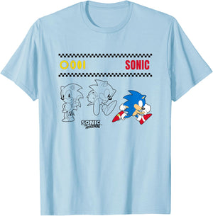 Sonic The Hedgehog Many Poses Cute Sketches T-Shirt - T-Shirt | Light Blue