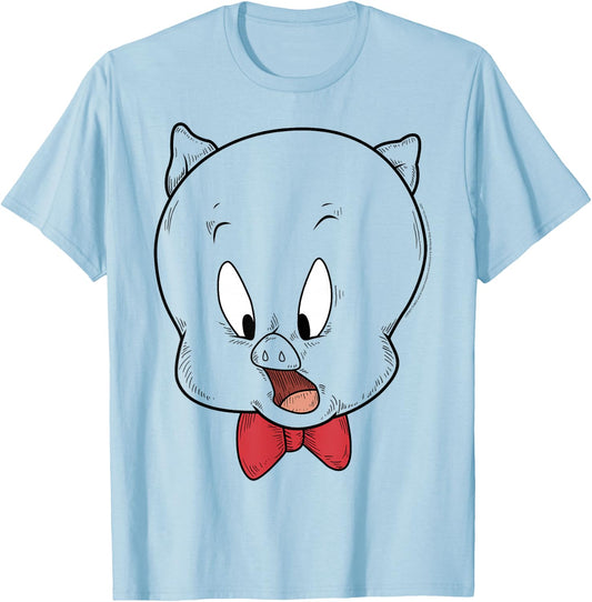 Looney Tunes Porky Pig Face Line Art T-Shirt - T-Shirt | Light Blue