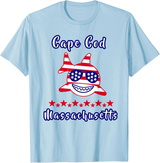 Cape Cod Massachusetts Patriotic Shark American Flag T-Shirt - T-Shirt | Light Blue