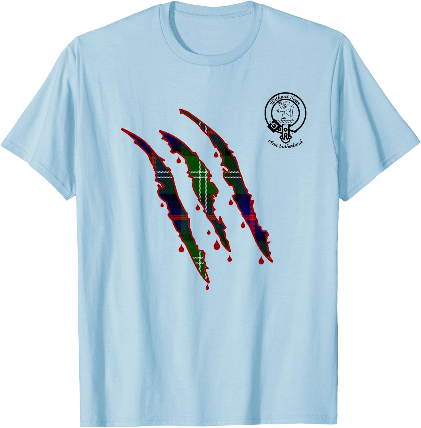 Clan Sutherland Claw Marks Surname Tartan Crest T-Shirt - T-Shirt | Light Blue