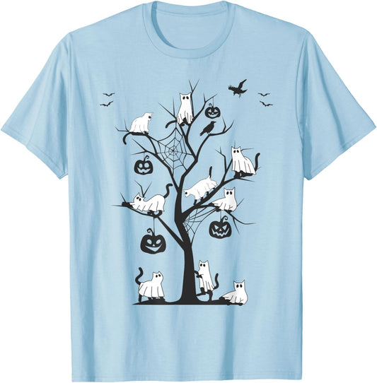 Ghost Cat Funny Halloween Ghost Cats on a Tree Black Cat T-Shirt - T-Shirt | Light Blue