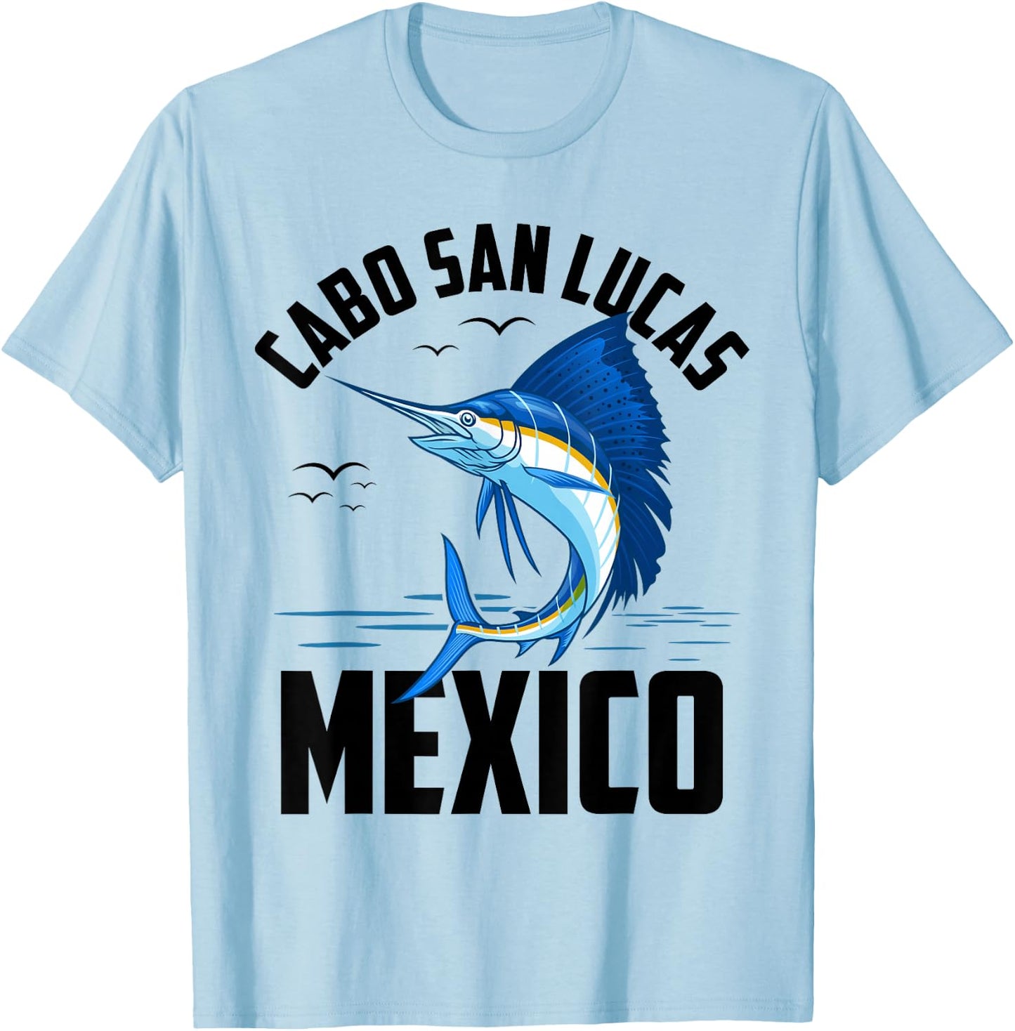 ShirtZilla Cabo San Lucas -Adults, -Kids White Short Sleeve Modern Classic U-Neck Mexico Vacation Surfing Casual Cotton Blend Lightweight Colorful Design Size: Small T-Shirt - T-Shirt | Light Blue