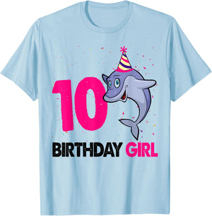 Funny 10Th Birthday Shirt Girl Dolphin Birthday Party T-Shirt - T-Shirt | Light Blue