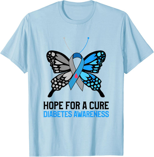 Type 1 Diabetes Awareness Hope For A Cure Mom Butterfly T-Shirt - T-Shirt | Light Blue