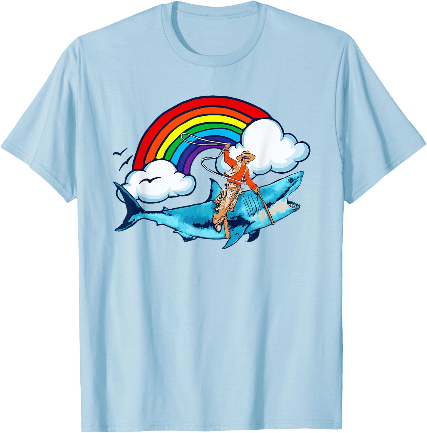 Shark Lover Rodeo Cowboy Riding Great White Rainbow Funny T-Shirt - T-Shirt | Light Blue