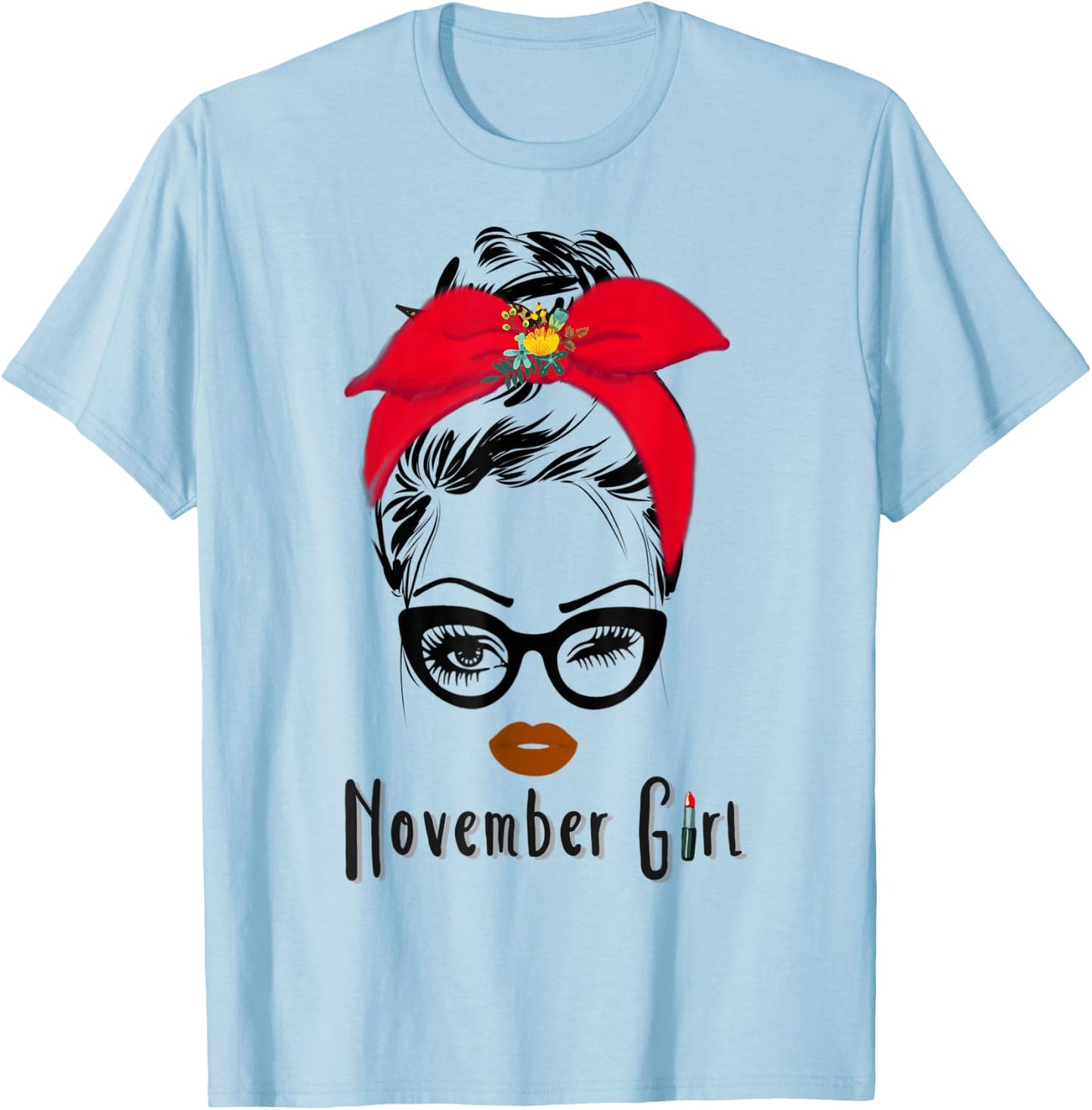 November Girl Wink Eye Woman Face Wink Eyes Lady Face T-Shirt - T-Shirt | Light Blue