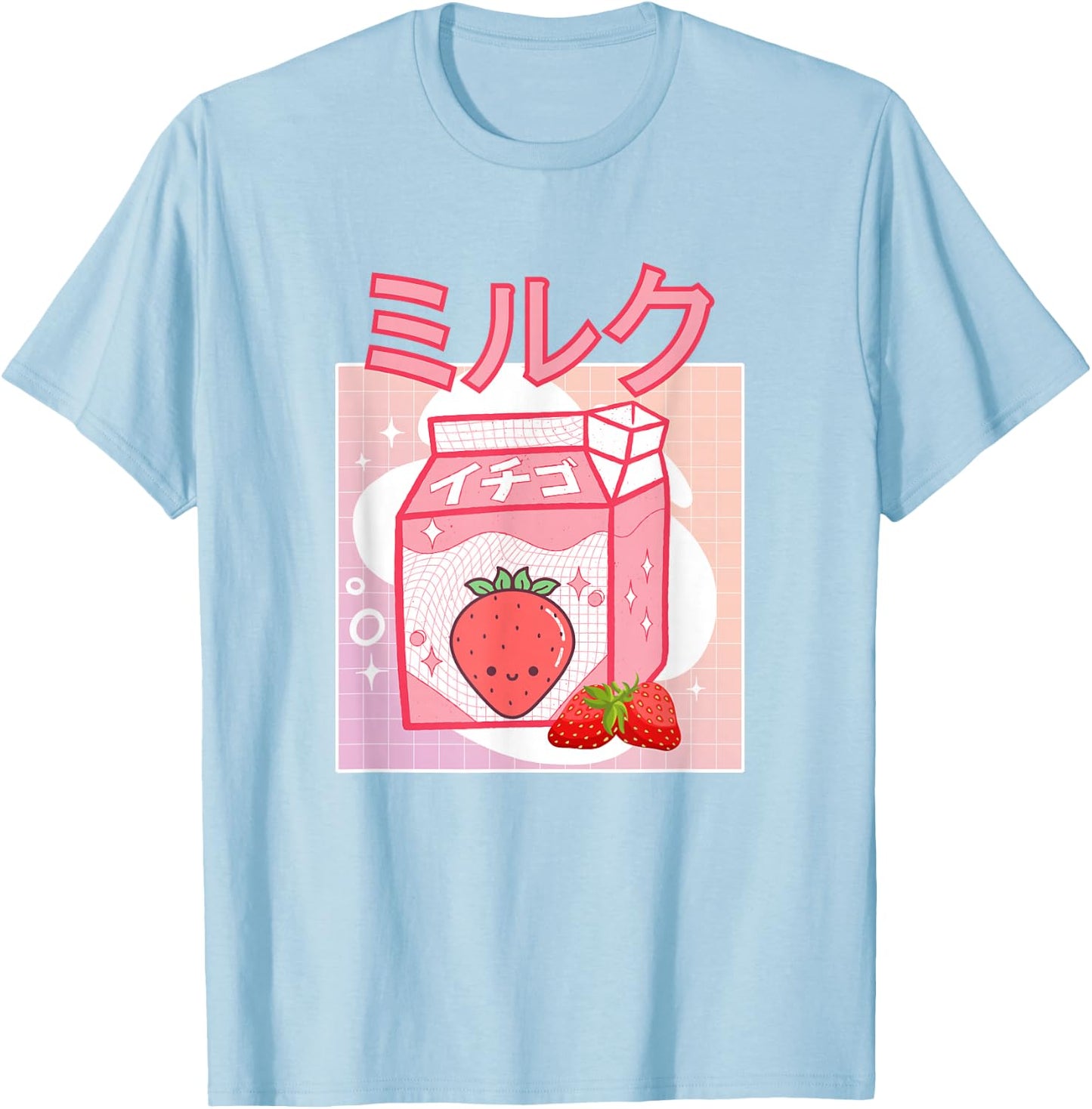 Cute Pink Strawberry Milk Japanese Kawaii Retro 90s Anime T-Shirt - T-Shirt | Light Blue