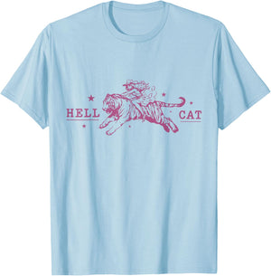 Hell Cat Cowgirl Riding Tiger Vintage T-Shirt - T-Shirt | Light Blue