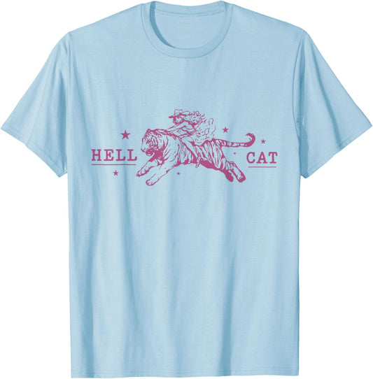 Hell Cat Cowgirl Riding Tiger Vintage T-Shirt - T-Shirt | Light Blue