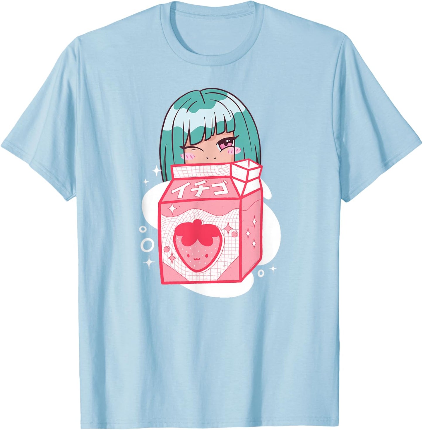 Cute Anime Kawaii Girl with Strawberry Milk - Kawaii Anime T-Shirt - T-Shirt | Light Blue