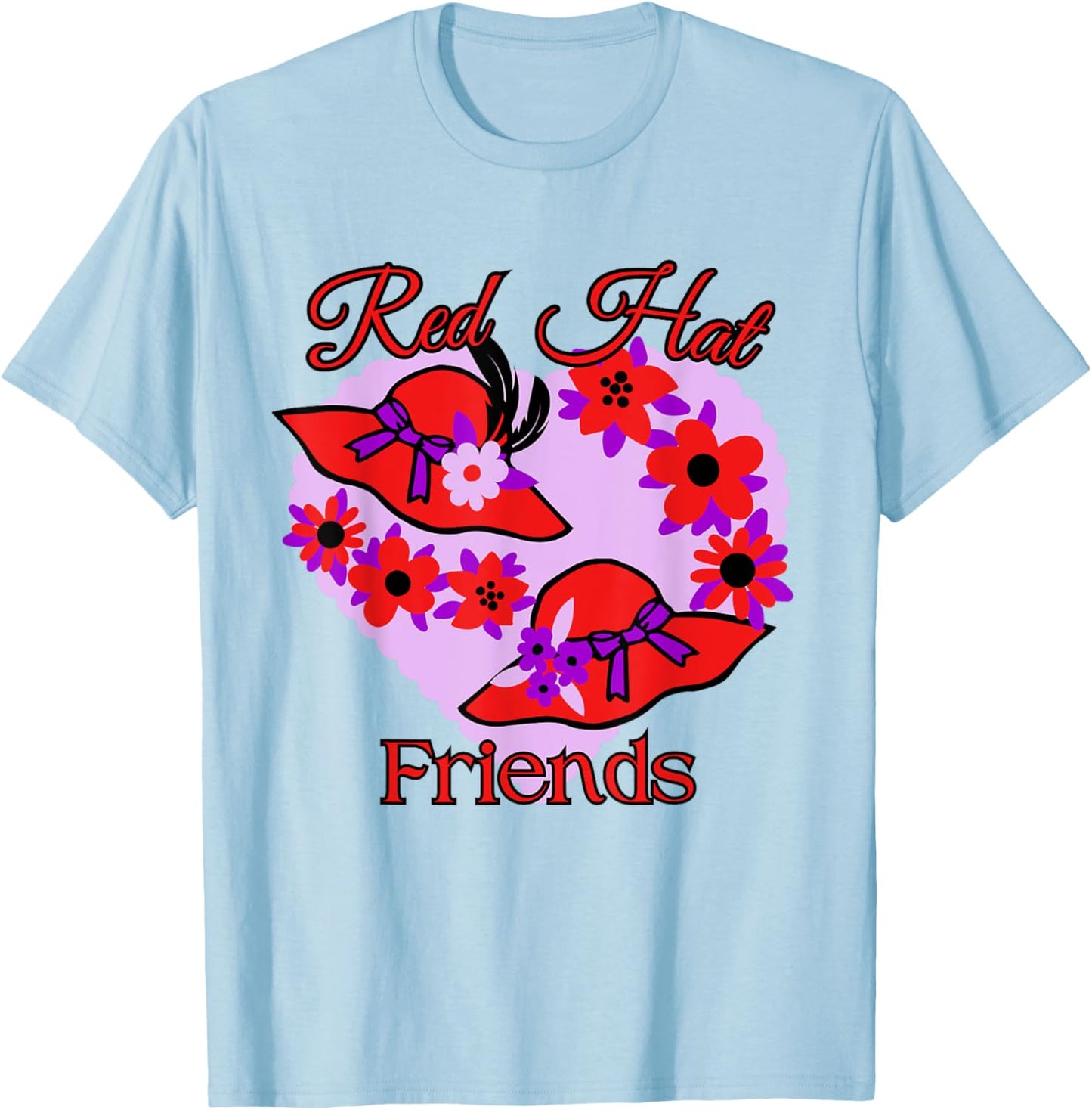 Red Hat Friends Purple Flowers Feathers Heart T-Shirt - T-Shirt | Light Blue