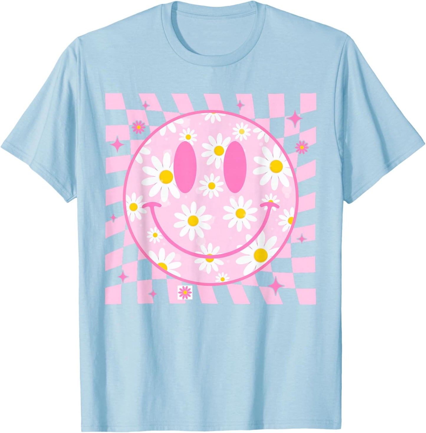 Happy Face Daisy Flower Shirt Preppy Aesthetic Smile Face T-Shirt - T-Shirt | Light Blue