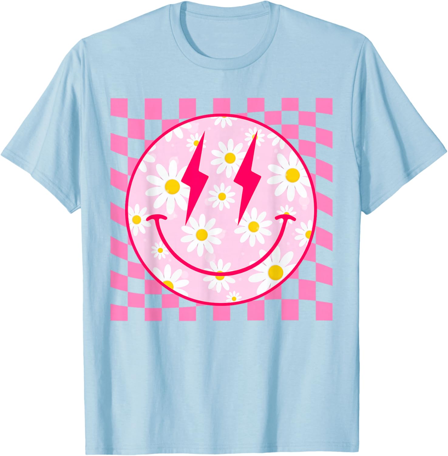 Retro Happy Smile Face Pink Daisy Flower Checkered Pattern T-Shirt - T-Shirt | Light Blue