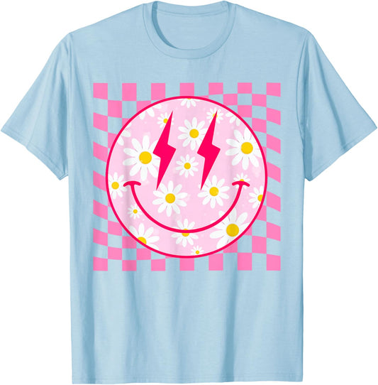 Retro Happy Smile Face Pink Daisy Flower Checkered Pattern T-Shirt - T-Shirt | Light Blue