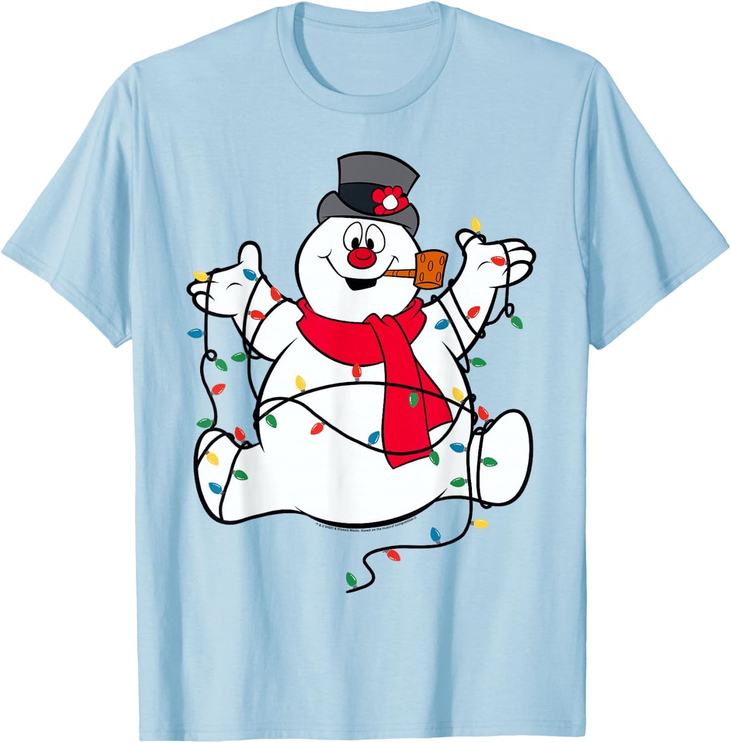 Frosty The Snowman Christmas Lights Portrait Short Sleeve T-Shirt - T-Shirt | Light Blue