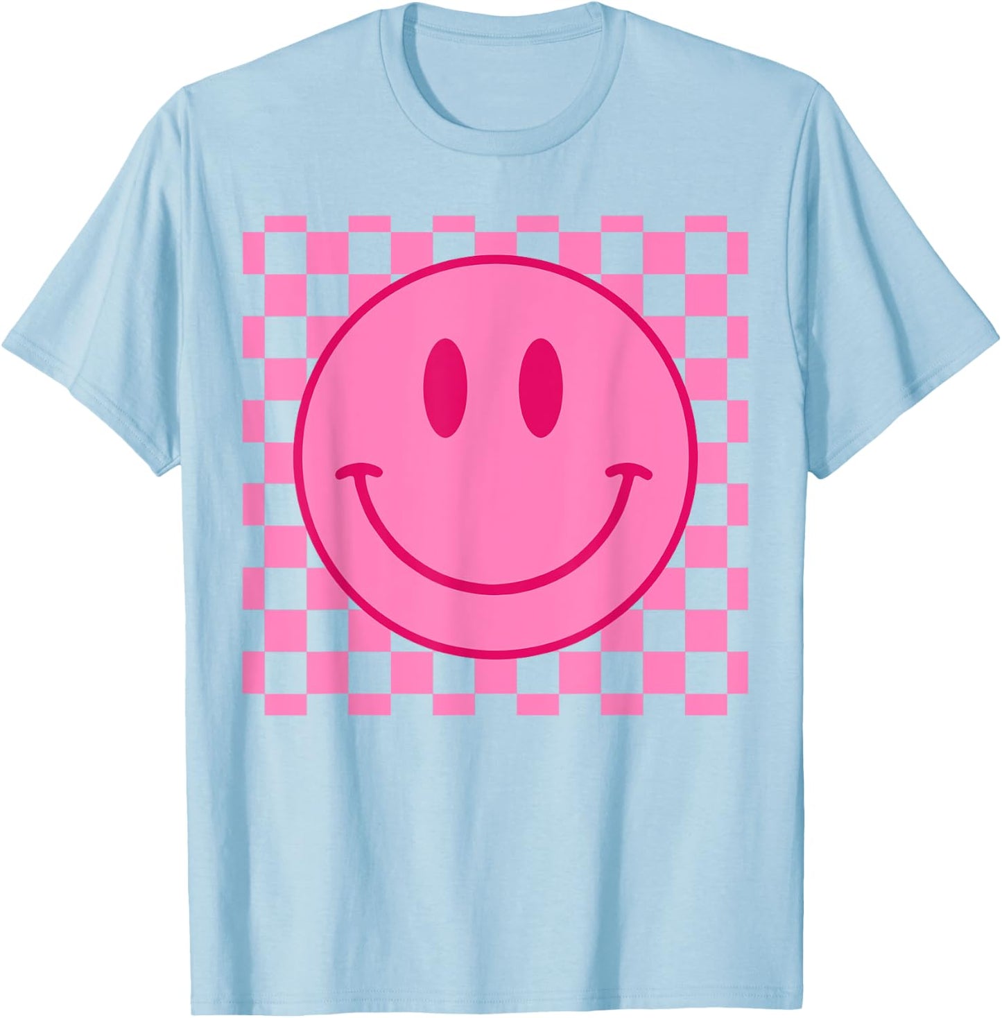 Retro Happy Face Shirt Checkered Pattern Smile Face Trendy T-Shirt - T-Shirt | Light Blue
