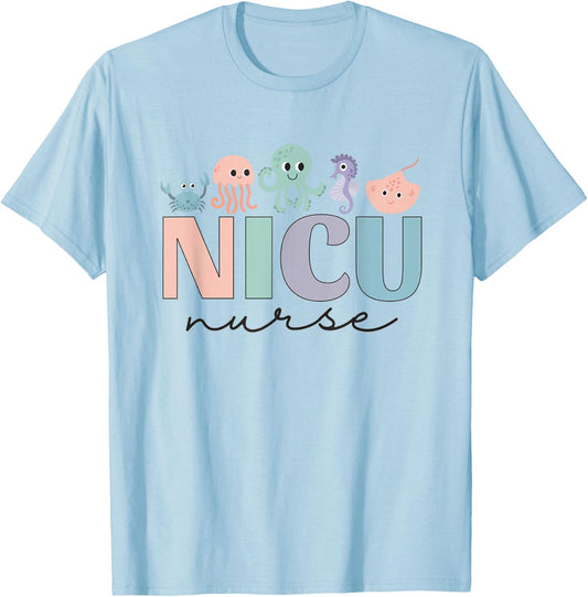 NICU Ocean Sea Animals Neonatal Intensive Care Unit Nurse T-Shirt - T-Shirt | Light Blue