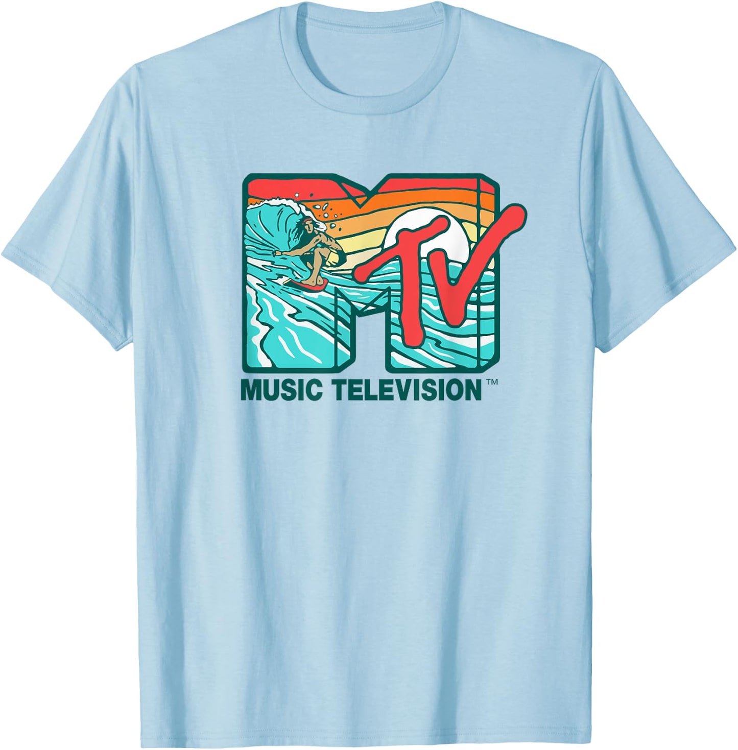 Mademark x MTV - MTV Catch a Wave MTV Surfer Logo Retro Graphic T-Shirt - T-Shirt | Light Blue