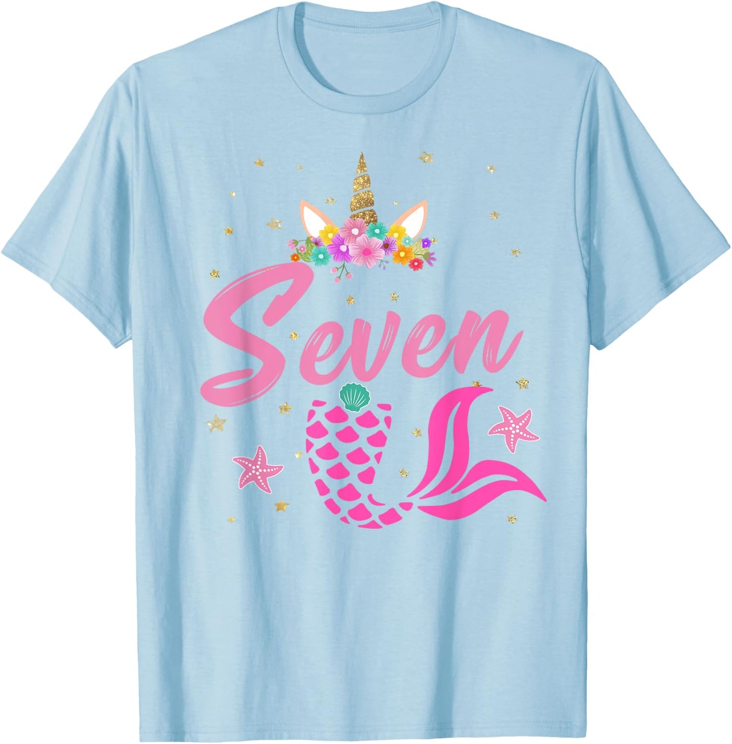 7th Birthday Girl Unicorn Shirt Mermaid Tail 7 Years Old T-Shirt - T-Shirt | Light Blue