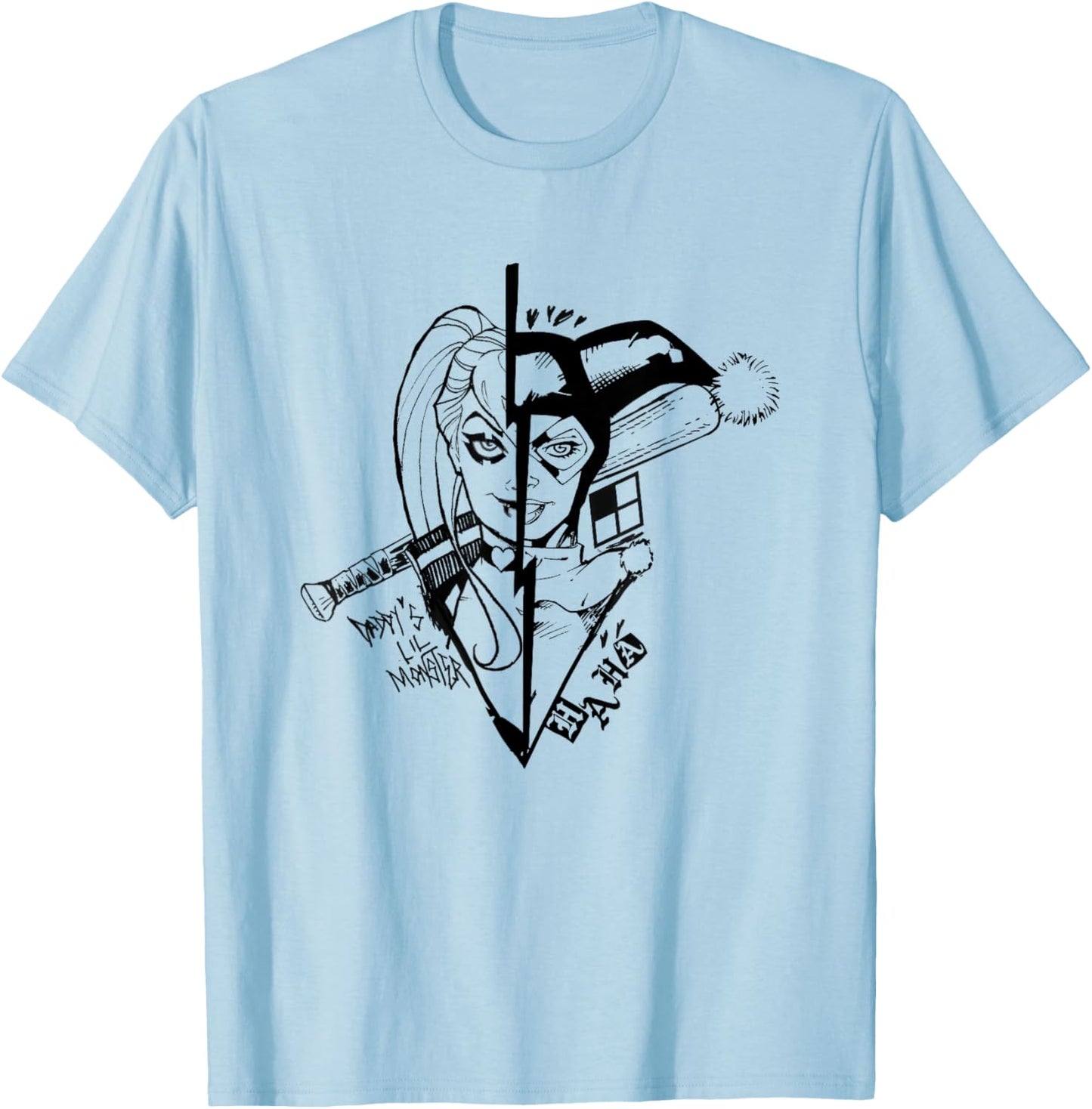 Harley Quinn Iconic Daddy's Lil Monster Split Face Big Logo T-Shirt - T-Shirt | Light Blue