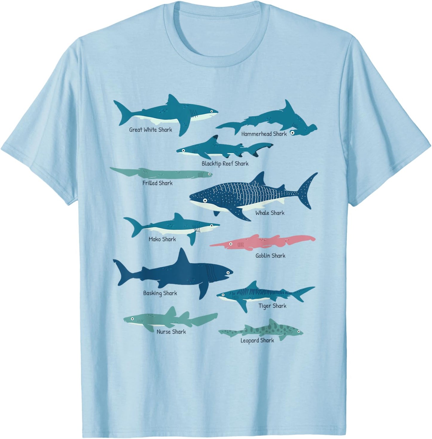 Types Of Sharks Educational Collection Marine Biologists T-Shirt - T-Shirt | Light Blue