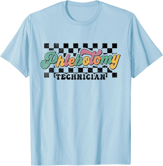 Retro Checkered Phlebotomy Technician Phlebotomist Squad T-Shirt - T-Shirt | Light Blue