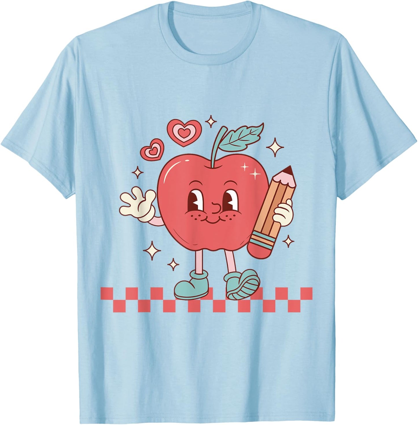 Cute Retro Checkered Apple with Face Teacher Pencil Trendy T-Shirt - T-Shirt | Light Blue
