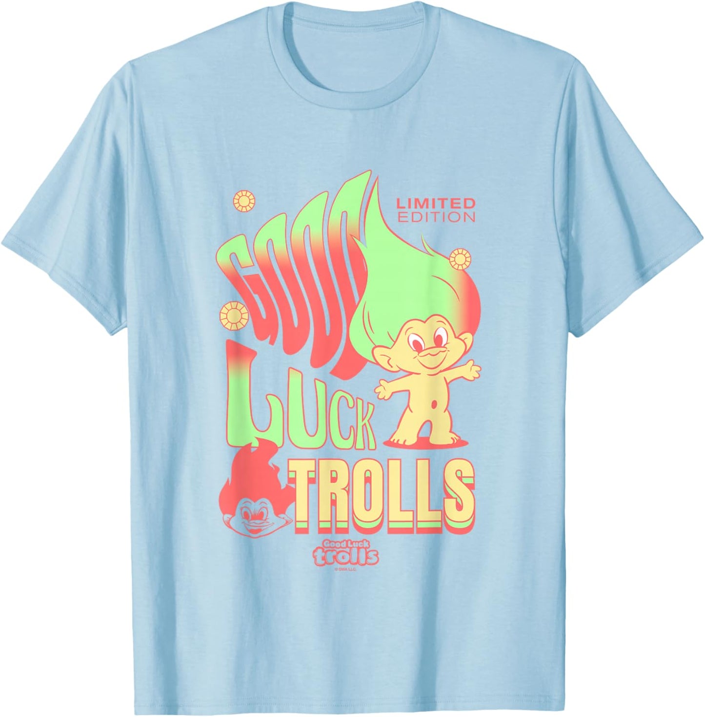 Good Luck Trolls Limited Edition 60's Retro Vibe Chest Logo T-Shirt - T-Shirt | Light Blue
