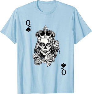Couple Matching King And Queen of Spades 1/2 Skull Goth Punk T-Shirt - T-Shirt | Light Blue